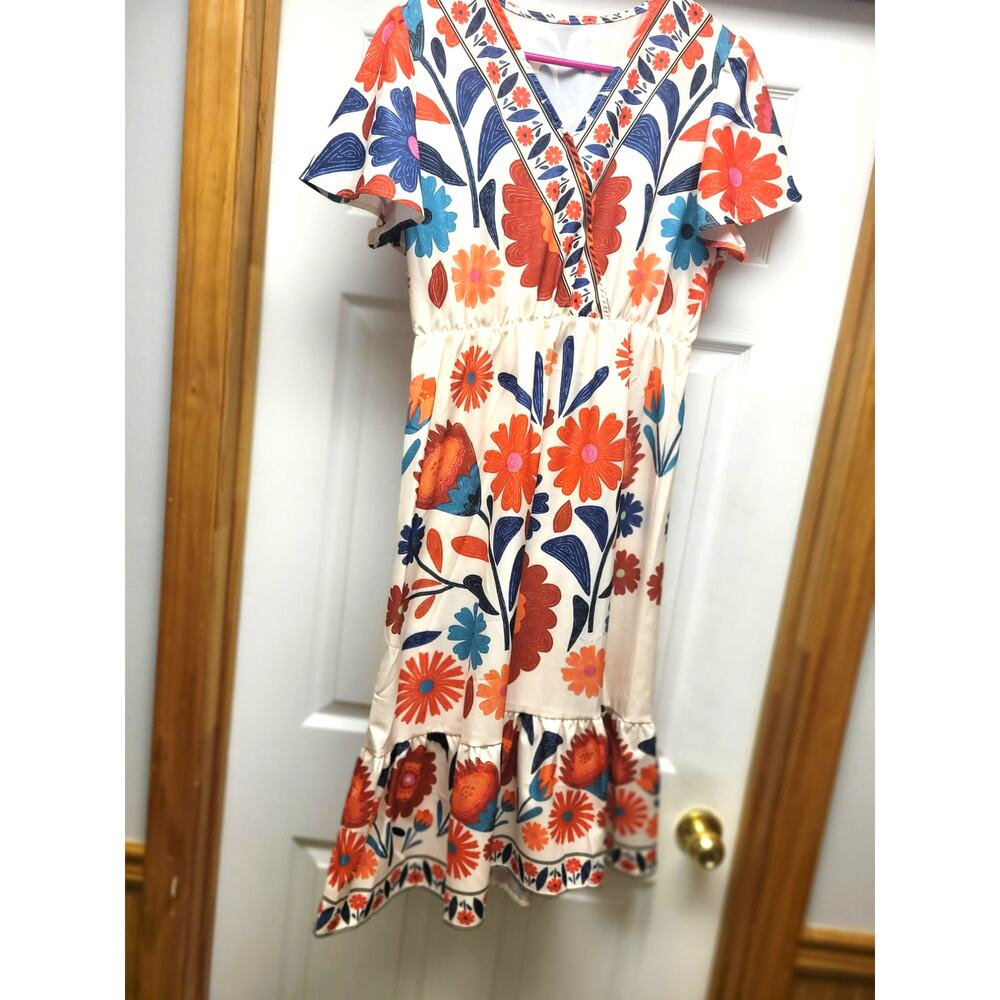 Floral Boho Dress Size L V Neck Short Sleeve Tiered Cream Orange Blue Print Midi